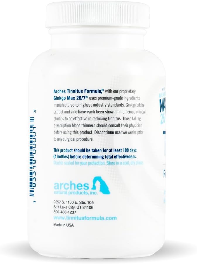 Arches Tinnitus Starter Kit - Now with Ginkgo Max 26/7 - Natural Tinnitus Treatment for Relief from Ringing Ears - 4 Bottles - 100 Day Supply