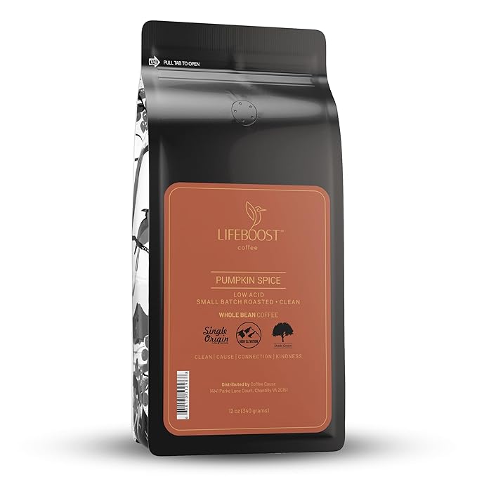 Lifeboost Pumpkin Spice Coffee Whole Bean – Organic Low Acid Non-GMO - Cozy Fall Time Blend – Single Origin Medium Roast Mycotoxin-Free Flavored Coffee 12 oz