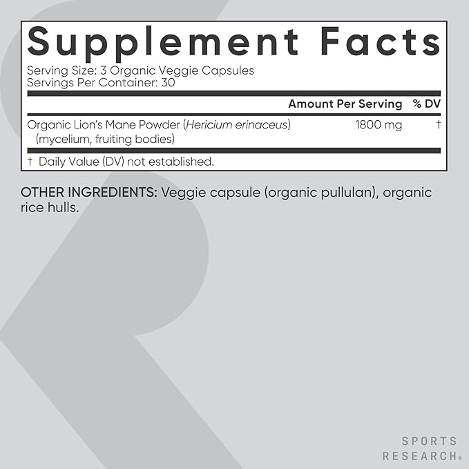 Sports Research® Organic Lion's Mane Mushroom Supplement 1800mg - Brain Health Focus &amp Cognitive Supports - USDA Certified Organic · Non-GMO · Vegan - 90 Count Capsules
