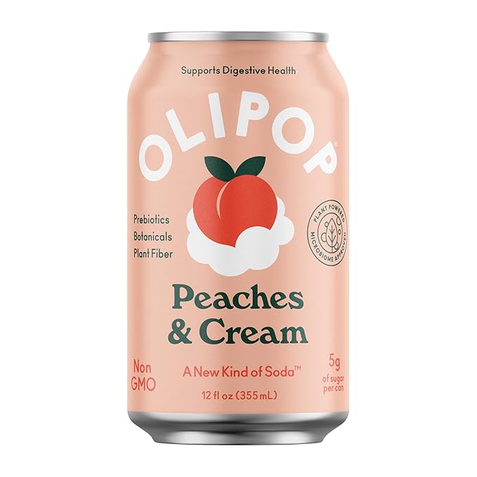 OLIPOP Prebiotic Soda Pop Peaches &amp Cream A New Kind of Soda Packed with Prebiotics Fiber and Botanicals Gluten Free GMO Free 12oz (12-Cans)