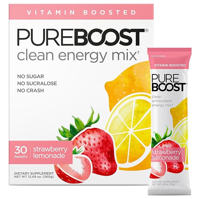 Pureboost Clean Energy Booster Refreshing Energy Drink Mix with B12 Vitamins Electrolytes Antioxidants Sugar-Free with No Sucralose (Strawberry Lemonade 30 Count)