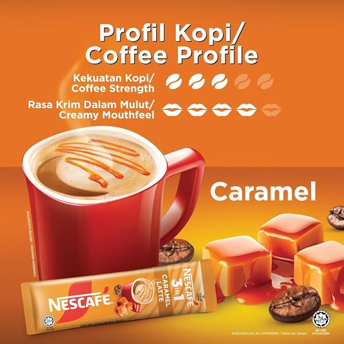 Nescafe 3 in 1 CARAMEL Coffee Latte - Instant Coffee Packets - Single Serve Flavored Coffee Mix