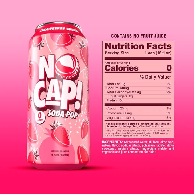 NO CAP! Next Gen Soda Pop with Zero Sugar Zero Calories and Electrolytes for Hydration Naturally Flavored Caffeine-Free Soda Vegan &amp Gluten-Free 16 oz Cans (Strawberry Dream)
