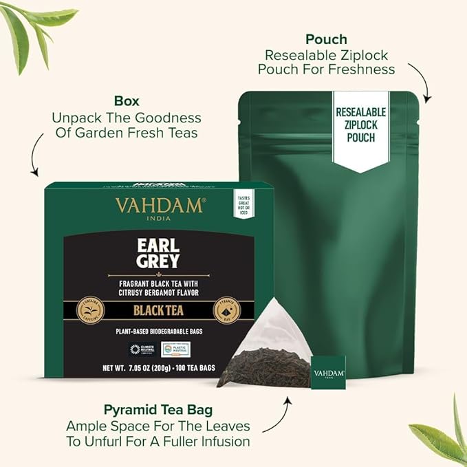 VAHDAM Earl Grey Black Tea Bags (100 Count) Medium Caffeine Non GMO Gluten Free | Citrus Bergamot &amp Smooth | Resealable Ziplock Pouch | Plant Based Tea Bags