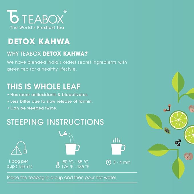 Teabox Detox Kahwa Green Tea Bags 100 pcs | For Natural Body Cleanse &amp Cold Relief | Made with 100% Indian Herbs &amp Spices
