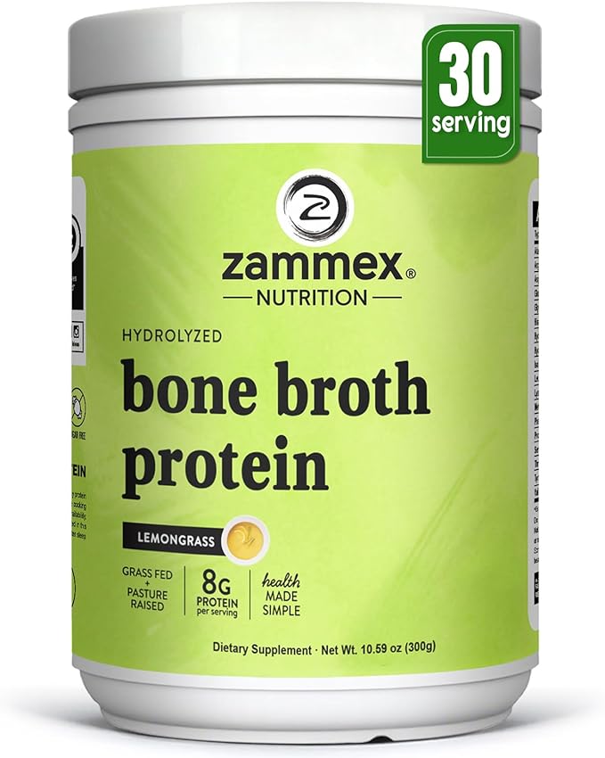 Zammex Beef Bone Broth Protein Powder - Grass-Fed Hydrolyzed Collagen 8g Protein per Serving Supports Hair Skin and Joint &amp Bone Health Keto Paleo Friendly 30 Servings - Lemongrass