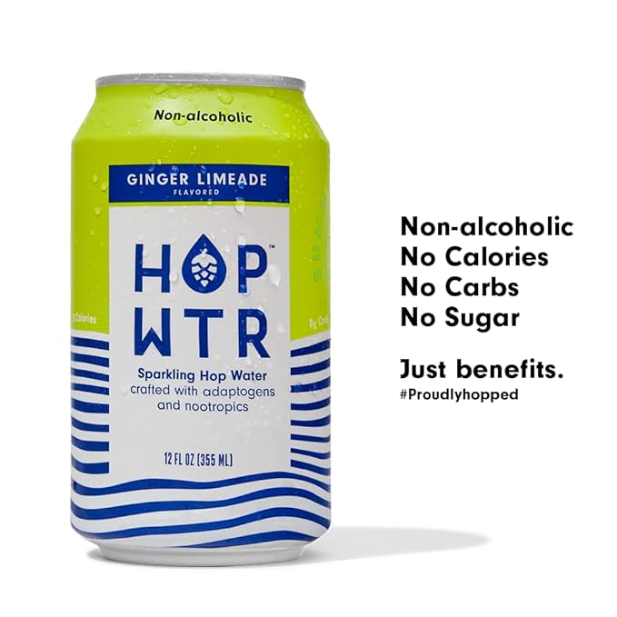 HOP WTR Sparkling Hop Water Ginger Limeade 12 Pack Sugar Free Low Carb Non Alcoholic Drinks NA Beer Adaptogen Drink No Calories Adaptogens &amp Nootropics for Added Benefits 12 oz Cans