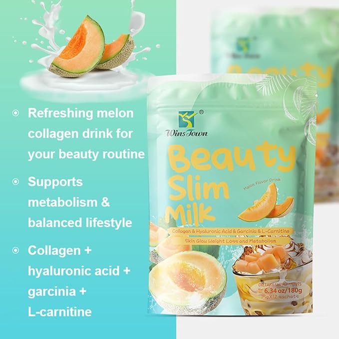 Marine Collagen Drink Mix Powder – Melon Flavor Beauty Drink with Collagen Peptides L-Carnitine L-Glutathione Green Tea &amp Botanical Blend – Daily Wellness Collagen Beverage – 6.35 oz