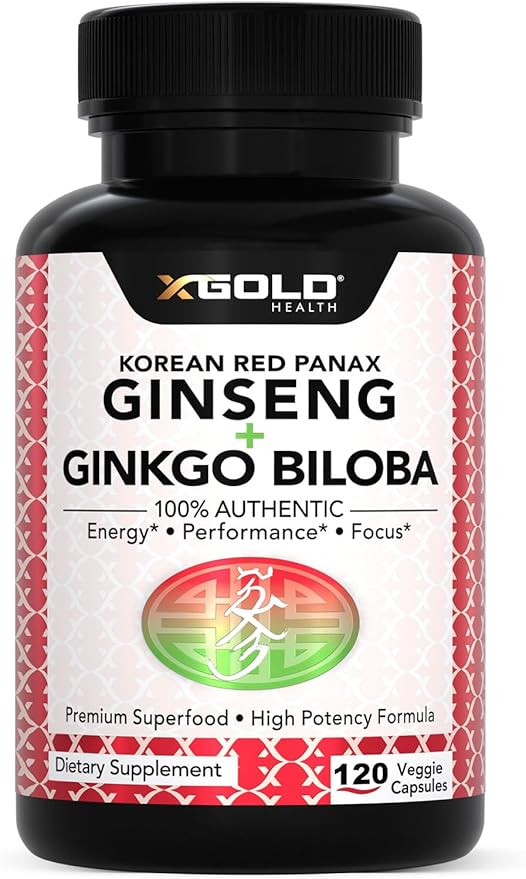 X Gold Health Korean Red Panax Ginseng + Ginkgo Biloba – 7% Ginsenosides Extra Strength – Energy Memory Focus &amp Brain Support – Premium Supplement for Men &amp Women – Non-GMO 120 Vegan Capsul