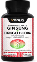 X Gold Health Korean Red Panax Ginseng + Ginkgo Biloba – 7% Ginsenosides Extra Strength – Energy Memory Focus &amp Brain Support – Premium Supplement for Men &amp Women – Non-GMO 120 Vegan Capsul