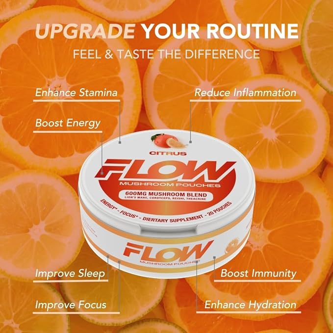 Mushroom Nootropic Pouches - 600mg Organic Mushroom Energy Ultra Pouches with Lion's Mane Reishi Cordyceps for Focus &amp Clean Energy - Zero Caffeine or Sugar (5 Can Pack Citrus)