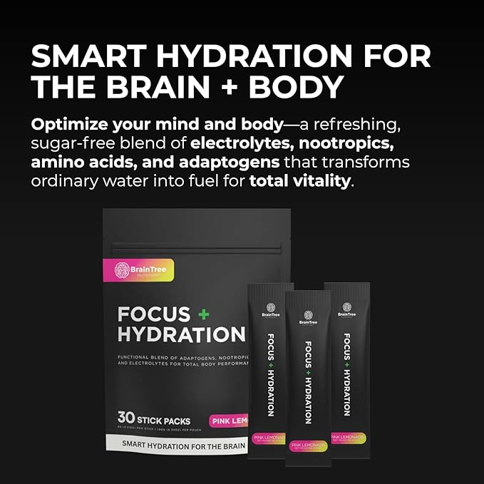 BrainTree Nutrition - Focus + Hydration - Electrolyte Drink Mix - Total Body Hydration - Supports Cognitive Function Energy &amp Muscle Recovery - Sugar Free - Pink Lemonade - 30 Stick Packs
