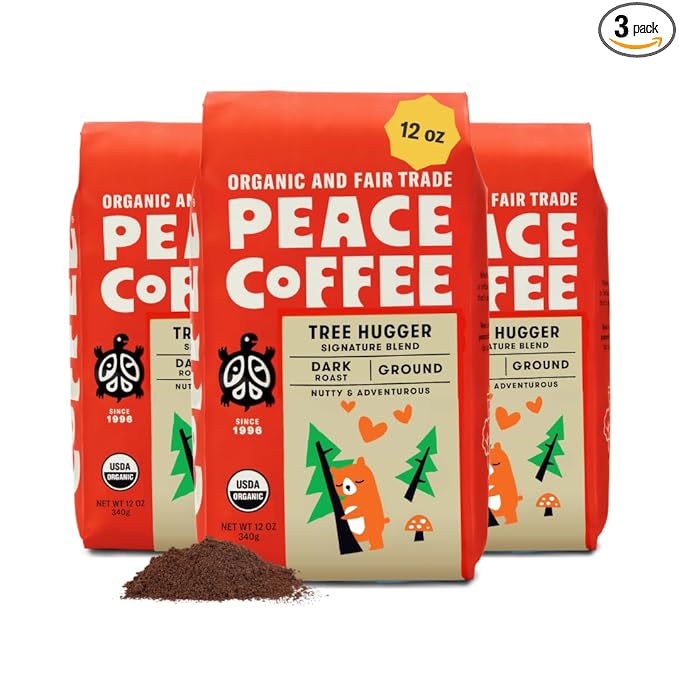 Peace Coffee Tree Hugger Signature Blend Ground Dark Roast Coffee 12 oz Pack of 3 Organic Fair Trade Nutty Smooth Flavor Shade Grown Fresh Roasted