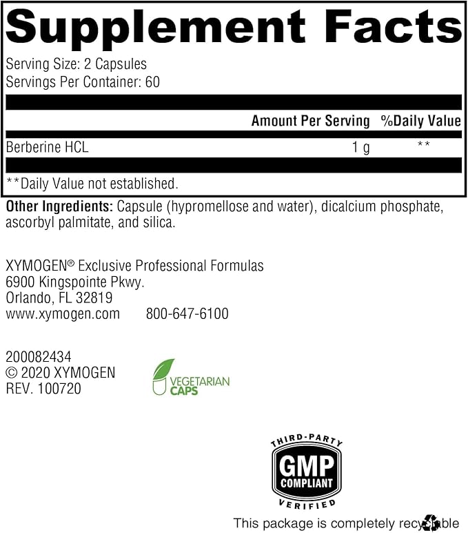 XYMOGEN Berberine - Plant-Based Berberine HCl Supplement for Cellular Metabolic &amp Immune Support* - Non-GMO Gluten-Free Vegan - 120 Capsules