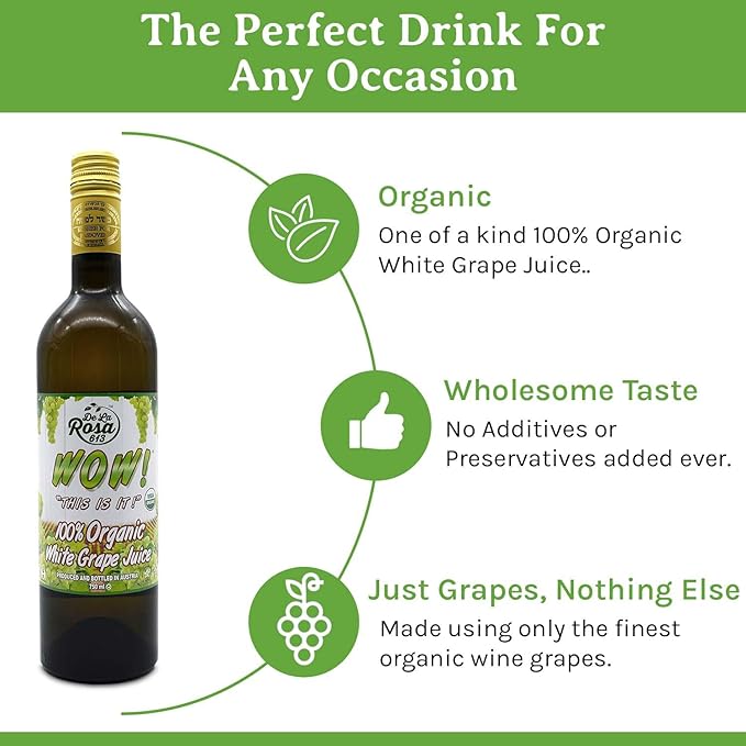 De La Rosa Organic White Grape Juice Kosher Non-GMO &amp Gluten Free Austrian White Grape Juice No Preservatives or Sulfites No Water Added 25.4 Oz Glass Bottle (Pack of 2)