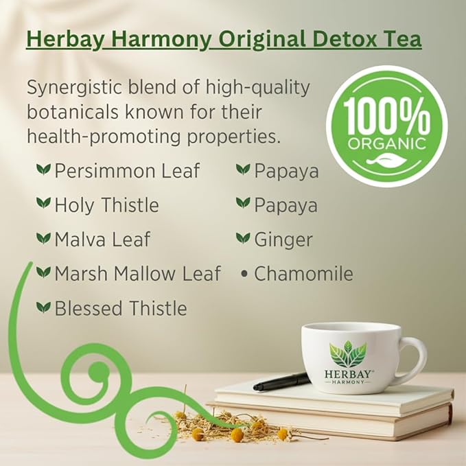 Herbay Harmony Organic Detox Tea – Caffeine-Free Herbal Cleanse for Bloating Relief Digestive Tea &amp Natural Body Detox Organic Herbal Blend with Ginger Chamomile &amp Papaya - 12 Pack (12 Week