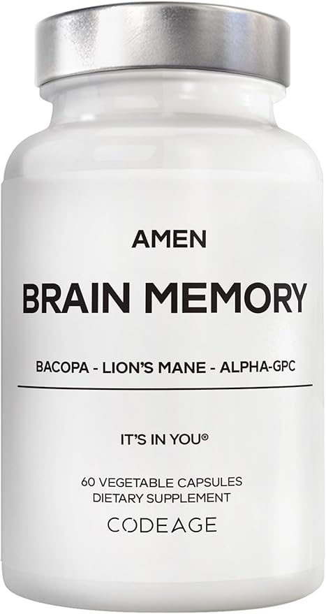 Amen Brain Memory Supplement- Bacopa Lion’s Mane Alpha-GPC Citicoline Phosphatidylserine Rhodiola Ginkgo BioPerine Huperzine A - NSF Certified Cognition &amp Mind Vitamins Non-GMO - 60 Capsu