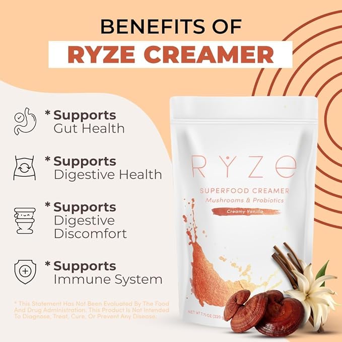 RYZE SUPERFOODS Dark Roast RYZE n Shine Bundle Instant Mushroom Coffee + Probiotic Coffee Creamer with 6 Adaptogenic Mushrooms Prebiotic+Probiotic Blends Energy Focus Digestion Immunity 30 sv each
