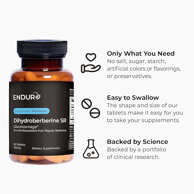 ENDUR Dihydroberberine - Berberine - SR (Sustained Release) Berberine for Blood Sugar Metabolic &amp Weight Management 5x Bioavailability 6–8 HR Controlled Release Fewer Daily Doses - 60 Tablets