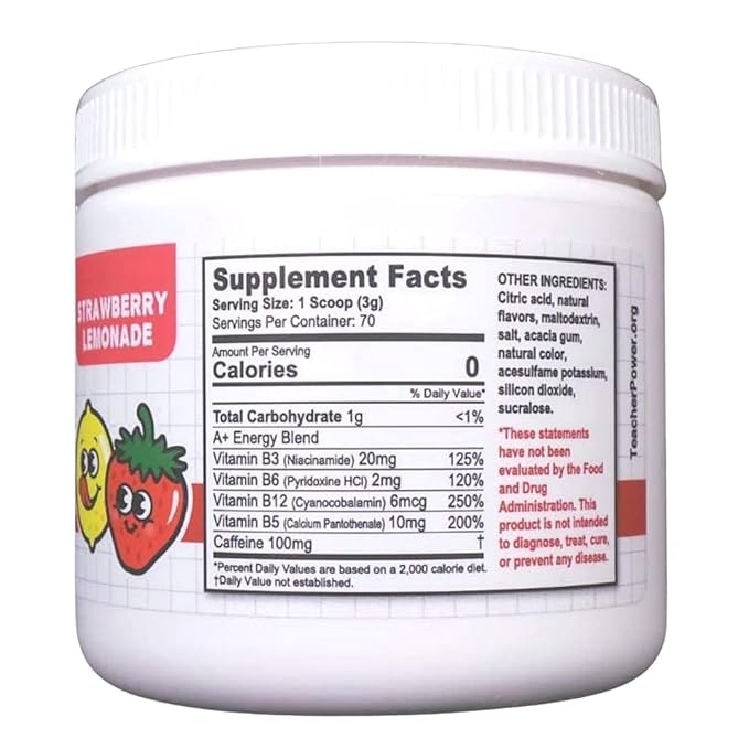 Teacher Power (The Original) Sugar Free Energy Drink 70/servings per Jar 100mg Caffeine with B Vitamins (Strawberry Lemonade)