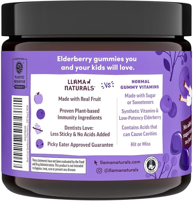 Llama Naturals Elderberry Gummies for Kids Vegan Organic Immune Support Supplement with Vitamin C and Zinc Toddler Real Fruit Gummy Vitamins for Immunity Chewable No Added Sugar Cane 60 Ct