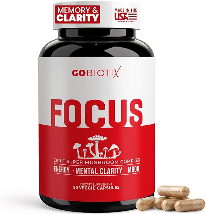 GOBIOTIX Focus Lion's Mane Supplement - Mushroom Complex - Nootropics Adaptogen Vitamins - Memory Clarity Energy Immune Support Cordyceps Reishi Chaga and Maitake - 90 Capsules