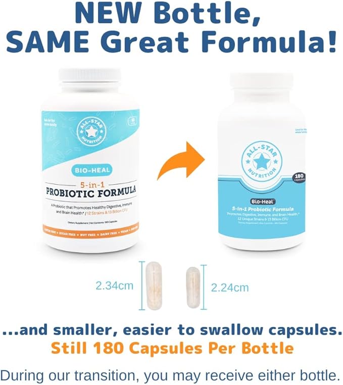 5-in-1 Bio-Heal® Probiotic Capsules for Kids Men &amp Women - Best Supplement for Brain Function Gut Health &amp Constipation - Shelf Stable &amp Fortified with Vitamins Minerals &amp Prebiotic