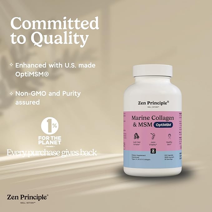 Zen Principle Marine Collagen Peptides Powder with OptiMSM® Supplement. Clinically Tested for Skin Support. Wild-Caught Fish Non-GMO. 210 Capsules.