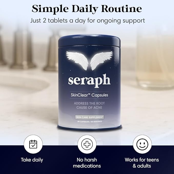 Seraph Acne Supplement - Hormonal Acne Pills Treatment - Pimple Supplements for Women - Skin Clear Capsules for Teen Men &amp Adults - Made in USA - 60 Tablets