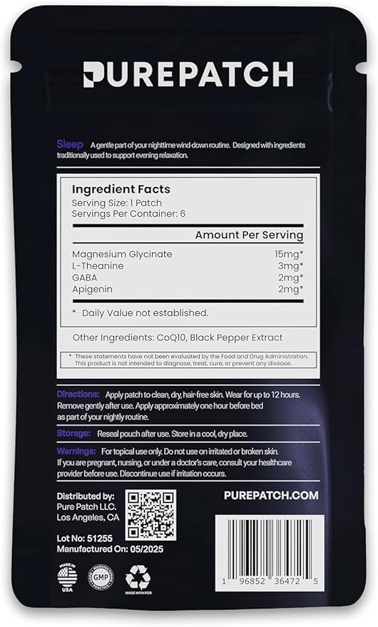 Pure Patch Sleep Patch – Plant-Based Vegan Topical Patch – Magnesium Glycinate – GABA – L-Theanine – Apigenin – Non-Ingestible – Water-Resistant – Gentle on Skin – Gluten Free – Made in USA –30Patches