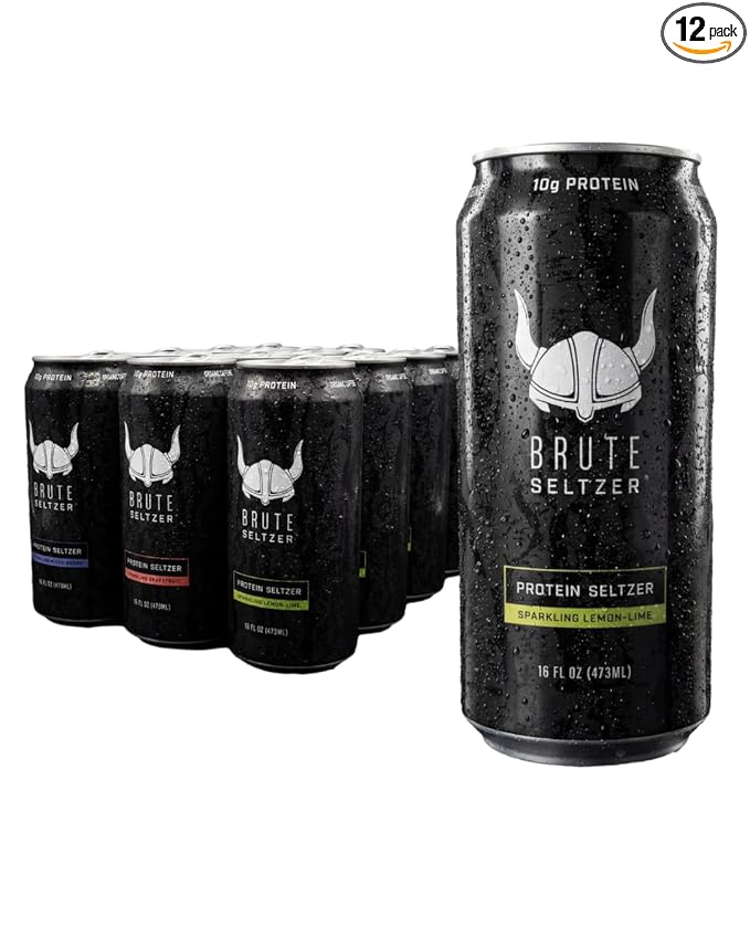 Brute Seltzer Protein Sparkling Water Variety Pack 12 Cans 16 Fl Oz Each 10g Protein Per Can Carbonated Sports Drink for Post-Workout Recovery