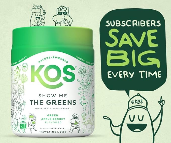 KOS Organic Super Greens Powder Erythritol Free - Plant Based Superfood Blend with Spirulina Chlorella &amp Wheatgrass - USDA Certified Organic Green Juice Smoothie - Apple Flavor - 28 Servings