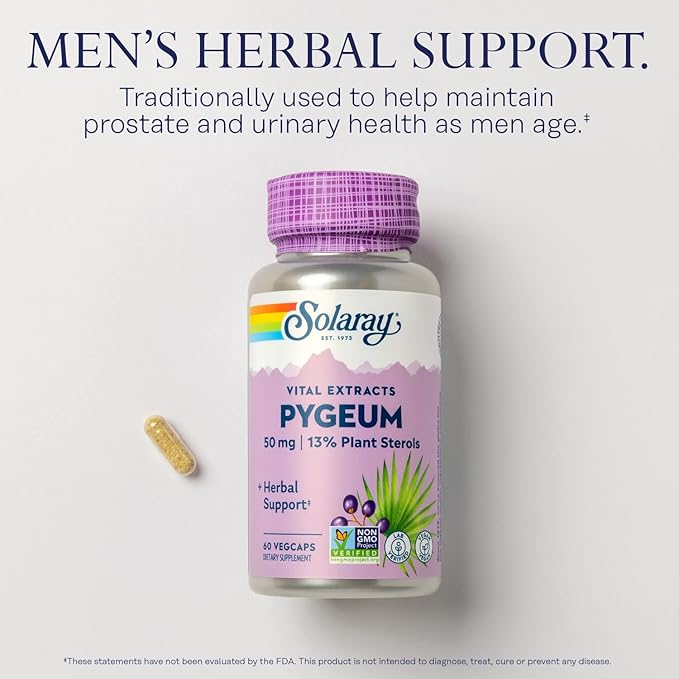 SOLARAY Pygeum Bark Extract 50mg - Pygeum Supplement for Prostate Health Support - Guaranteed to Contain 6.5mg Plant Sterols Like Beta Sitosterol Non-GMO Vegan 60-Day Guarantee 60 Serv 60 VegCaps