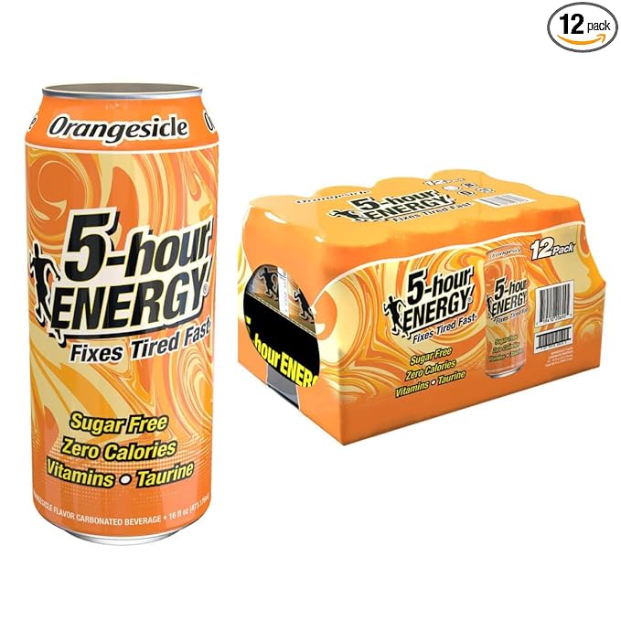 5-hour ENERGY Extra Strength Energy Drink | OrangeSicle Flavor 16 oz. Cans 12 Count Sugar-Free &amp Zero Calories Vitamins Amino Acids Contains Carbonation 230mg of Caffeine 192 ounces (16 Fl Oz (Pac