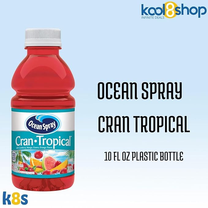 Ocean Spray Cran Tropical Fruit Juice Drink 10 fl oz Plastic Bottles 24 Pack + 2 Reusable Snack Bags by KOOL8SHOP Infinite Deals