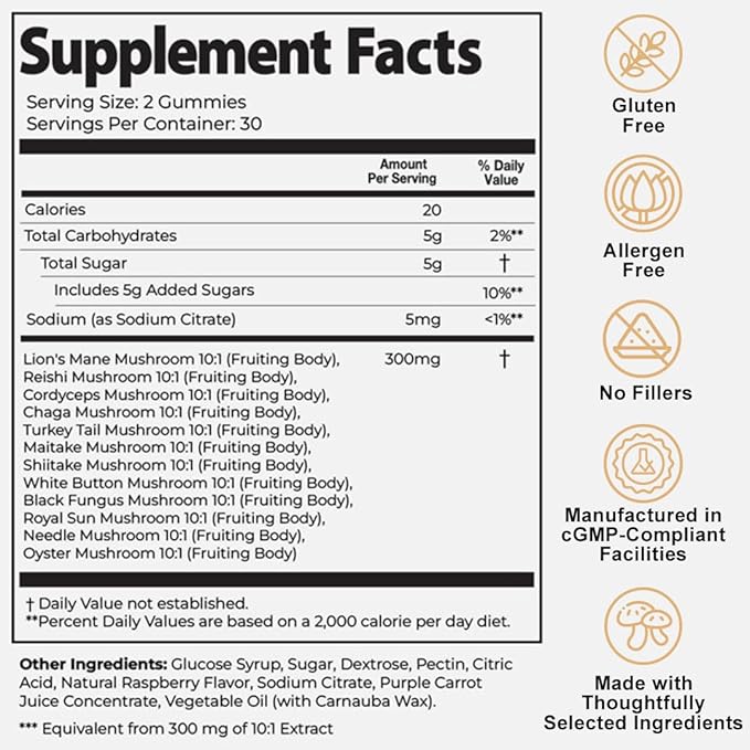 Auri Nutrition Super Mushroom Daily Gummies – All-in-One Functional Gummy with 12 Mushroom Blend Including Lion’s Mane Reishi Chaga &amp Cordyceps – 60 Gummies
