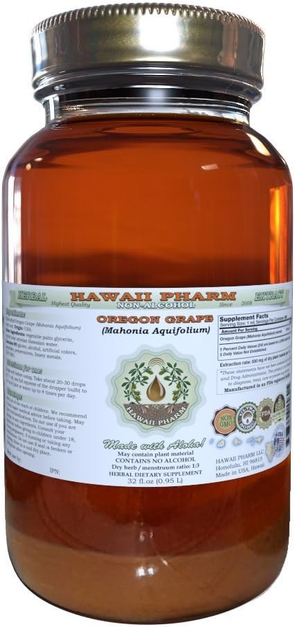 Hawaii Pharm Oregon Grape Alcohol-Free Liquid Extract Oregon Grape (Mahonia aquifolium) Dried Root Glycerite Natural Herbal Supplement USA 32 fl.oz