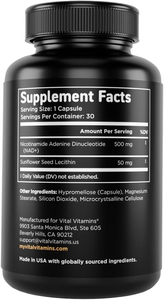 Vital Vitamins NAD Supplement - NAD+ (Nicotinamide Adenine Dinucleotide) for Men &amp Women - Made with Liposomal Delivery - Cellular Anti-Aging Support Energy Focus - 30-Day Supply