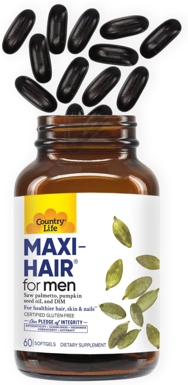 Country Life Maxi-Hair for Men - 2000mcg Biotin Saw Palmetto Pumpkin Seed Oil DIM Potassium Magnesium Calcium &amp Zinc Blend - Supports Healthier Hair Scalp Skin &amp Nails 60 Vegan Capsul