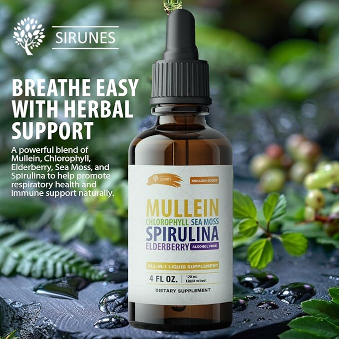 SIRUNES Mullein Herbal Drops with Chlorophyll Irish Sea Moss Spirulina &amp Elderberry – 4 fl oz – Daily Respiratory &amp Immune Wellness Supplement