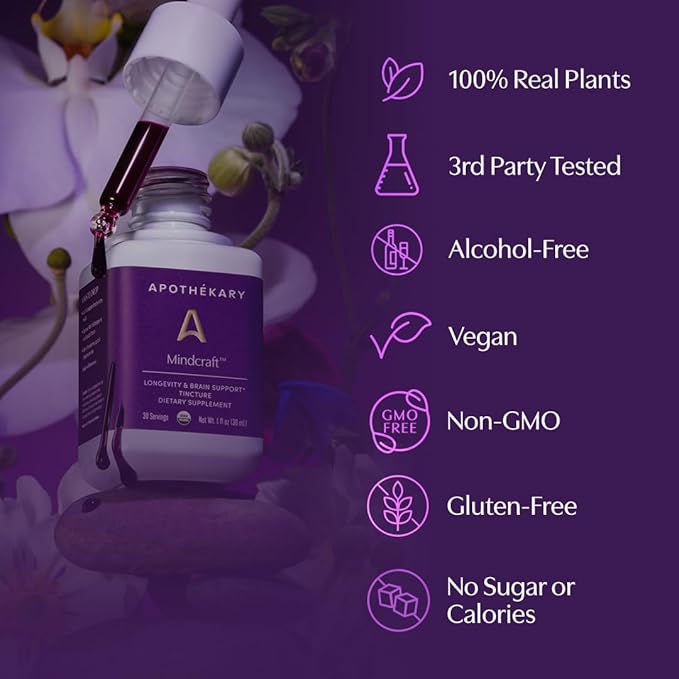 Apothékary Mindcraft Supports Focus Cognition Longevity and Anti-Aging Fast-Acting Herbal Liquid Drops with Lion’s Mane and Cordyceps Certified Organic Made in USA 4 fl oz 100 Servings