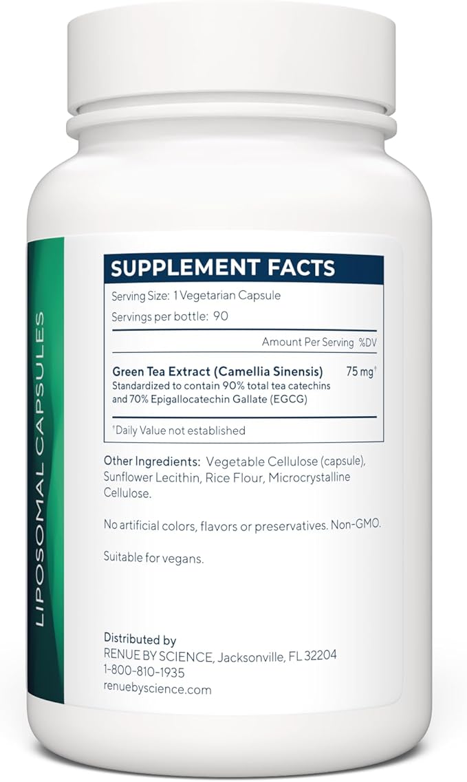Renue By Science Green Tea Extract | High Strength Liposomal Supplement | 90 Capsules - 75mg Green Tea per Serving | Non-GMO | Made in The USA &amp Third-Party Tested