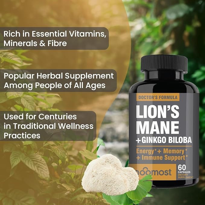 NooMost Lions Mane Supplement Organic Capsules - With Ginkgo Biloba - Cognitive Health Focus &amp Memory Support - Natural Superfood for Brain Energy &amp Immune Health - Non GMO- 60 Caps - 2 Mont