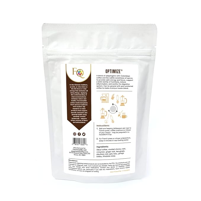 FunctionaliQi Optimize Herbal Tea with Decaf Coffee Gluten-Free - Caffeine-Free Energy Focus Liver Detox Brain health with Ginkgo Biloba Eleuthero Gotu Kola Rhodiola Rosea (3ounces Loose Leaf)