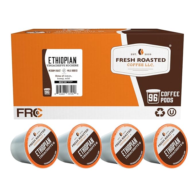 Fresh Roasted Coffee Ethiopian Yirgacheffe Kochere Medium Roast 96 Pods for K Cup Brewers
