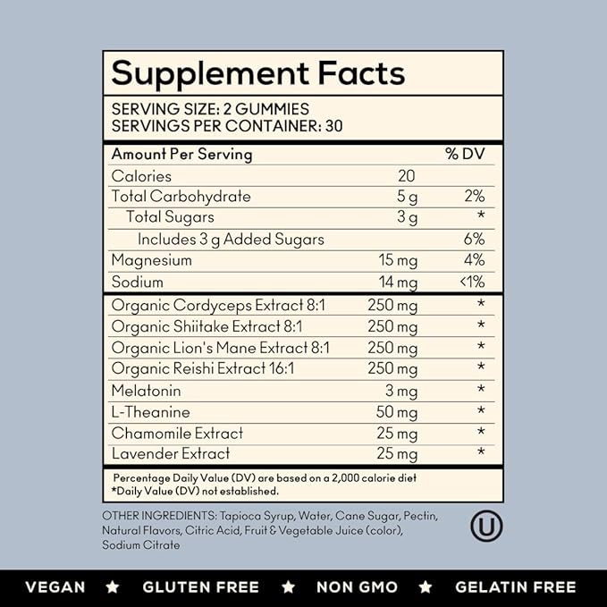TrueMushroom - Sleep Support Mushroom Gummy Supplement with Melatonin for Sleep and Relaxation with Lion’s Mane Cordyceps Reishi Shiitake. All-Natural BlackBerry Flavor Gummies (60 Count)