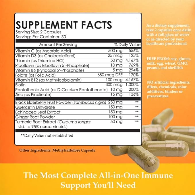 Immunity Support Booster with Vitamin C D Elderberry Echinacea Zinc Quercetin Curcumin Ginger B Vitamins Supplement Vegan Gluten Free No Gelatin