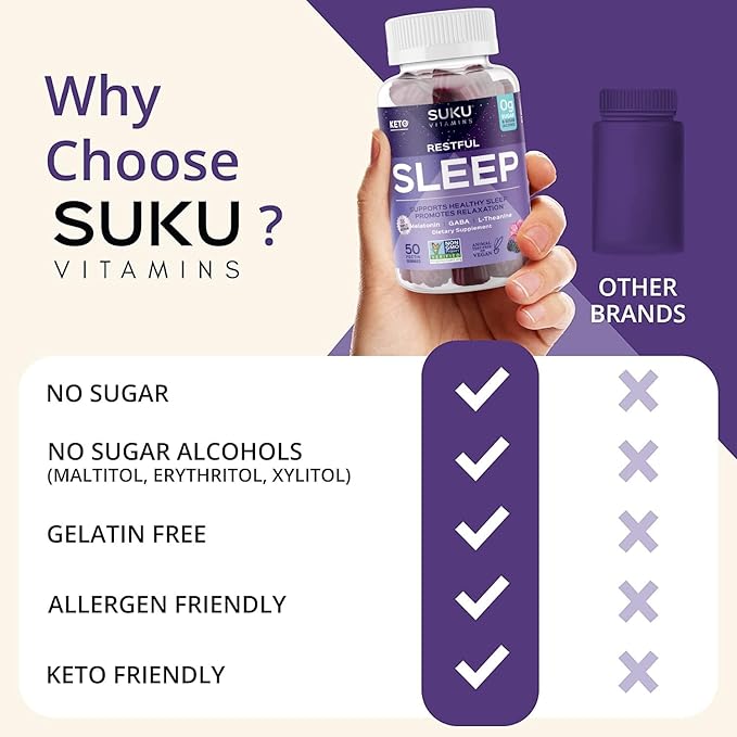 SUKU Restful Sleep Gummies – 3 mg Melatonin L-Theanine &amp GABA – Vegan Sugar-Free Chewable for Relaxation &amp Natural Sleep Support – BlackBerry-Hibiscus Flavor – Non-GMO Gluten-Free – 50 Coun