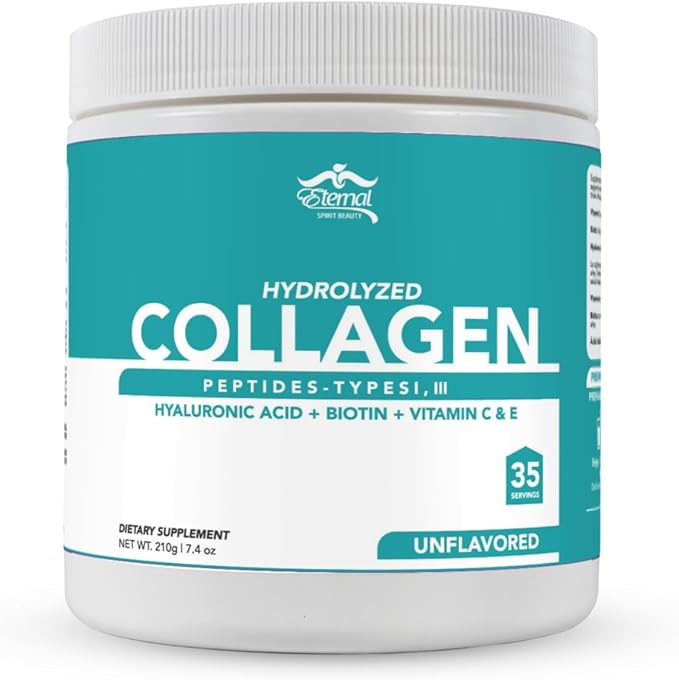 Eternal Spirit Beauty Hydrolyzed Collagen Peptides: Type 1 &amp 3 with Hyaluronic Acid Biotin Vitamins C &amp E