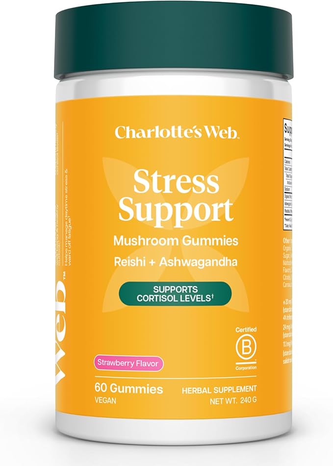 Charlotte's Web Stress Support Mushroom Gummies w/Reishi Ashwagandha Rhodiola Rosea Supplement — Natural Supplement — Strawberry-Flavored Ashwagandha Gummies (30 Servings)